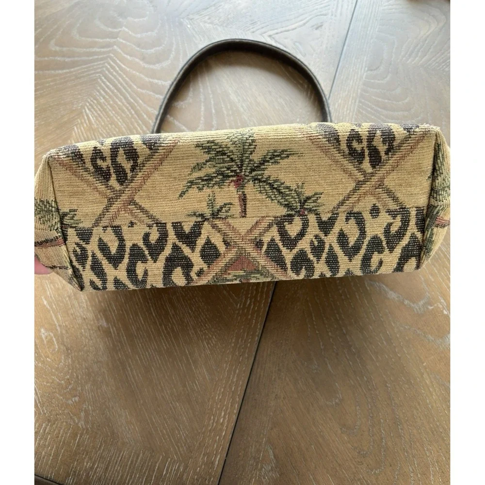 Bettina‎ Duncan Tapestry Handbag Leopard Palm Tree Kiss Lock Satchel Tan Brown